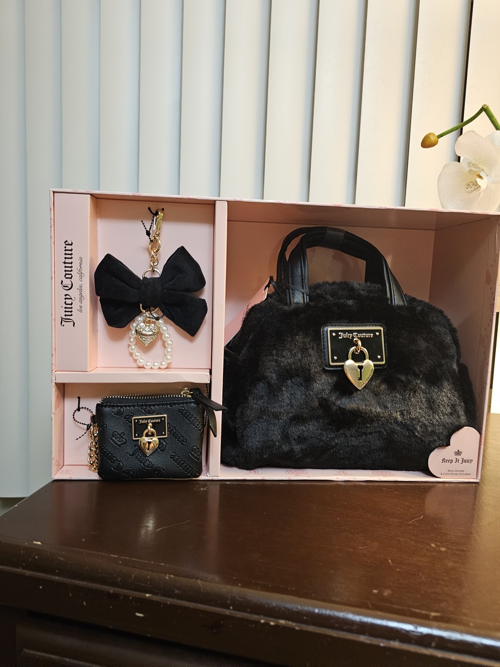 Juicy Couture Black Faux Fur Mini Satchel with Gold Heart Lock & Charm Set